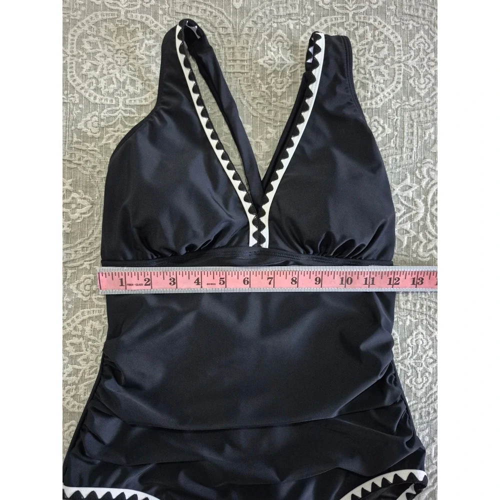 B2PRITY Womens One Piece Swimsuit Black Ric Rac Trim Ruched V-Neck Size M NWT - Picture 4 of 10